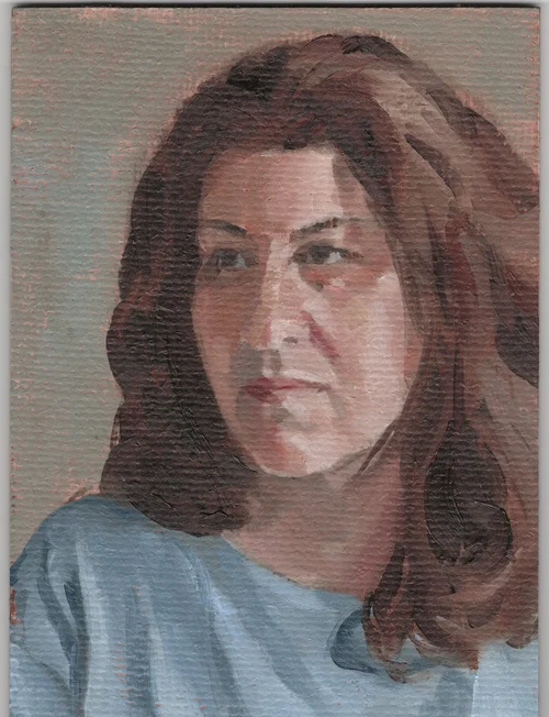 Portrait, oil on rough jute board, 5x7in, Thalia, July 2024