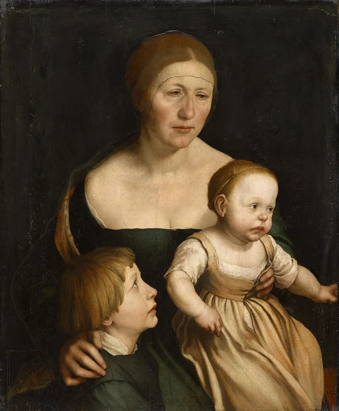 The artist’s family. Oil and tempera on paper, subsequently cut out and mounted on wood, 76.8 × 64 cm. Kunstmuseum Basel. c.1528.